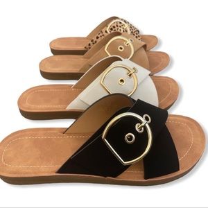 Off white adjustable gold accent buckle criss cross sandals